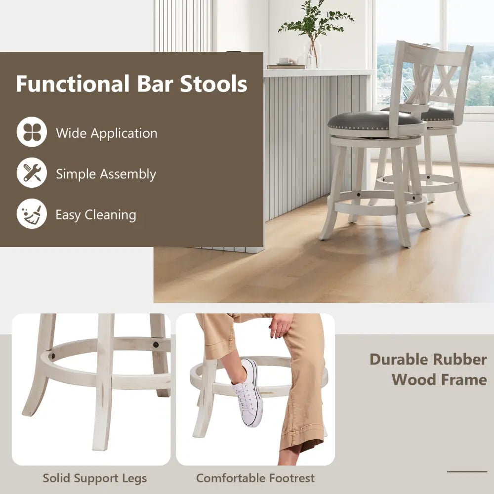 25.5 Inch Hand-Antiqued Stool Set of 2 with Wider Padded Seat-White Costway