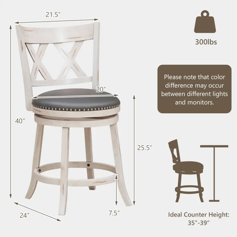 25.5 Inch Hand-Antiqued Stool Set of 2 with Wider Padded Seat-White Costway