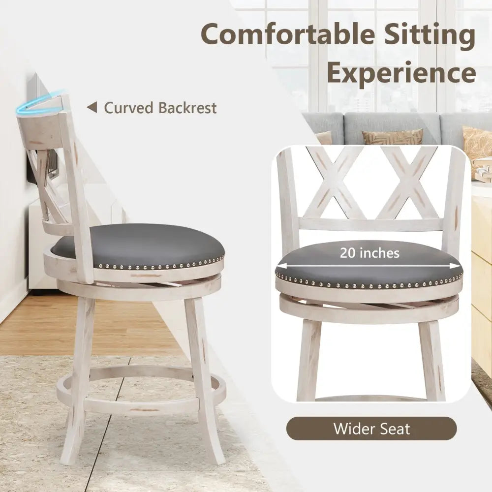 25.5 Inch Hand-Antiqued Stool Set of 2 with Wider Padded Seat-White Costway