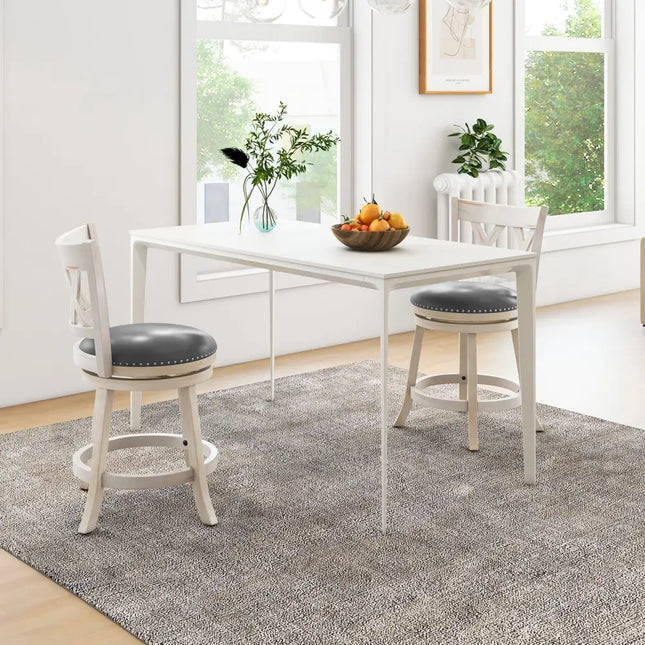 25.5 Inch Hand-Antiqued Stool Set of 2 with Wider Padded Seat-White Costway