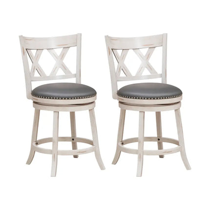 25.5 Inch Hand-Antiqued Stool Set of 2 with Wider Padded Seat-White Costway