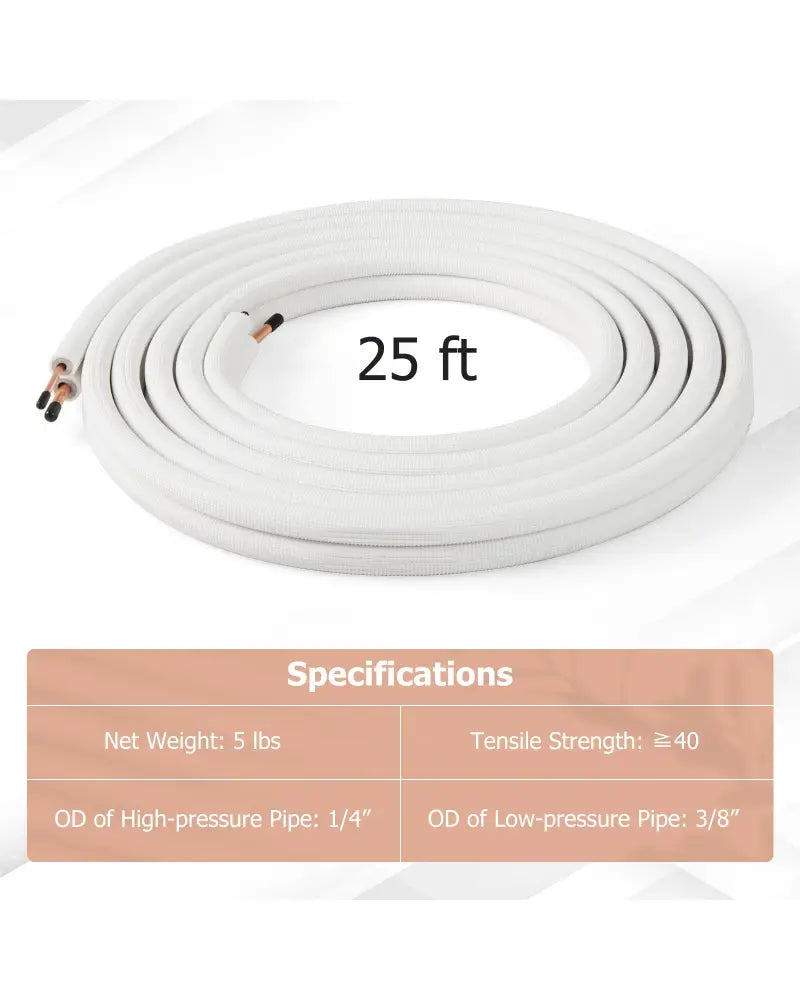 25 Feet Mini Split Line Set with 1/4 Inch and 3/8 Inch O.D. Copper Pipes Tubing - White - Mini Split AC Parts &