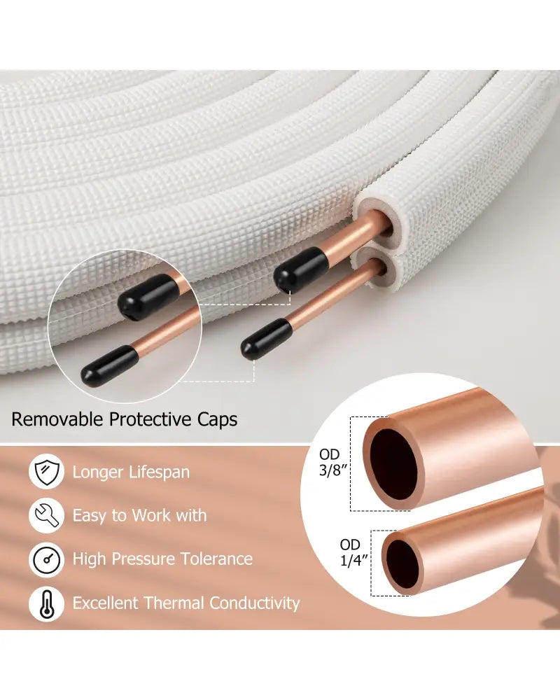 25 Feet Mini Split Line Set with 1/4 Inch and 3/8 Inch O.D. Copper Pipes Tubing - White - Mini Split AC Parts &