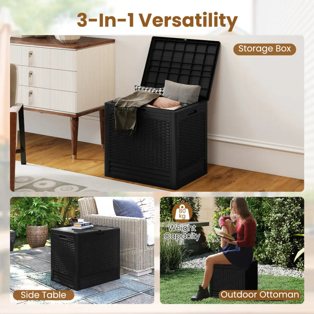 25 Gallon Outdoor Storage Box with Rattan Patterns-Black - Black - Sheds & Outdoor Storage