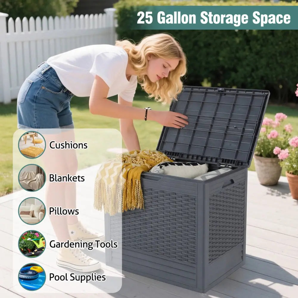 25 Gallon Outdoor Storage Box with Rattan Patterns-Gray - Gray - Sheds & Outdoor Storage