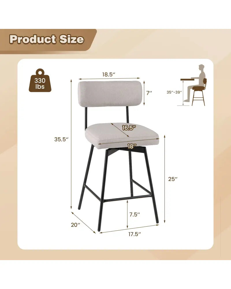25 Inch 2-Piece Modern Upholstered Bar Stools with Back - Beige - Bar Stools