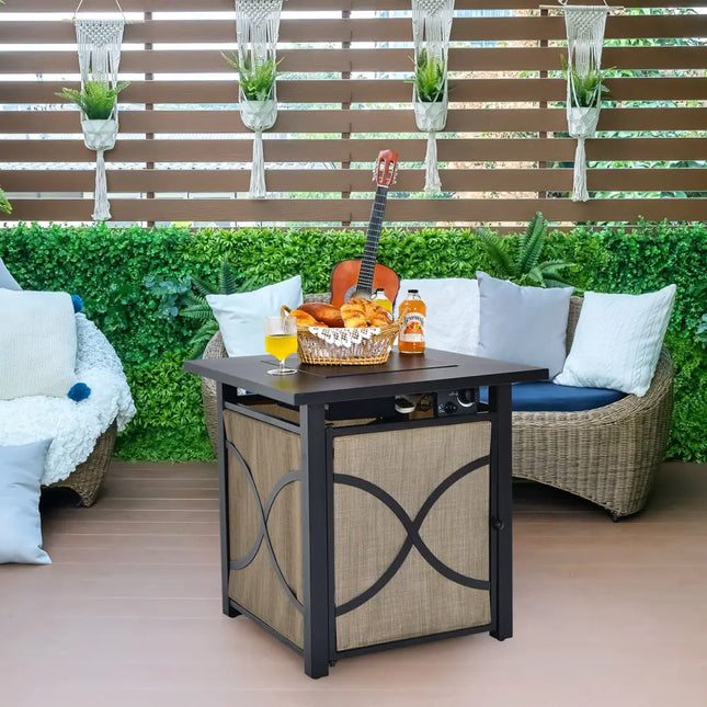 25 Inch 40000 BTU Propane Fire Pit Table with Lid and Fire Glass - Multicolor - Fire Pit Tables