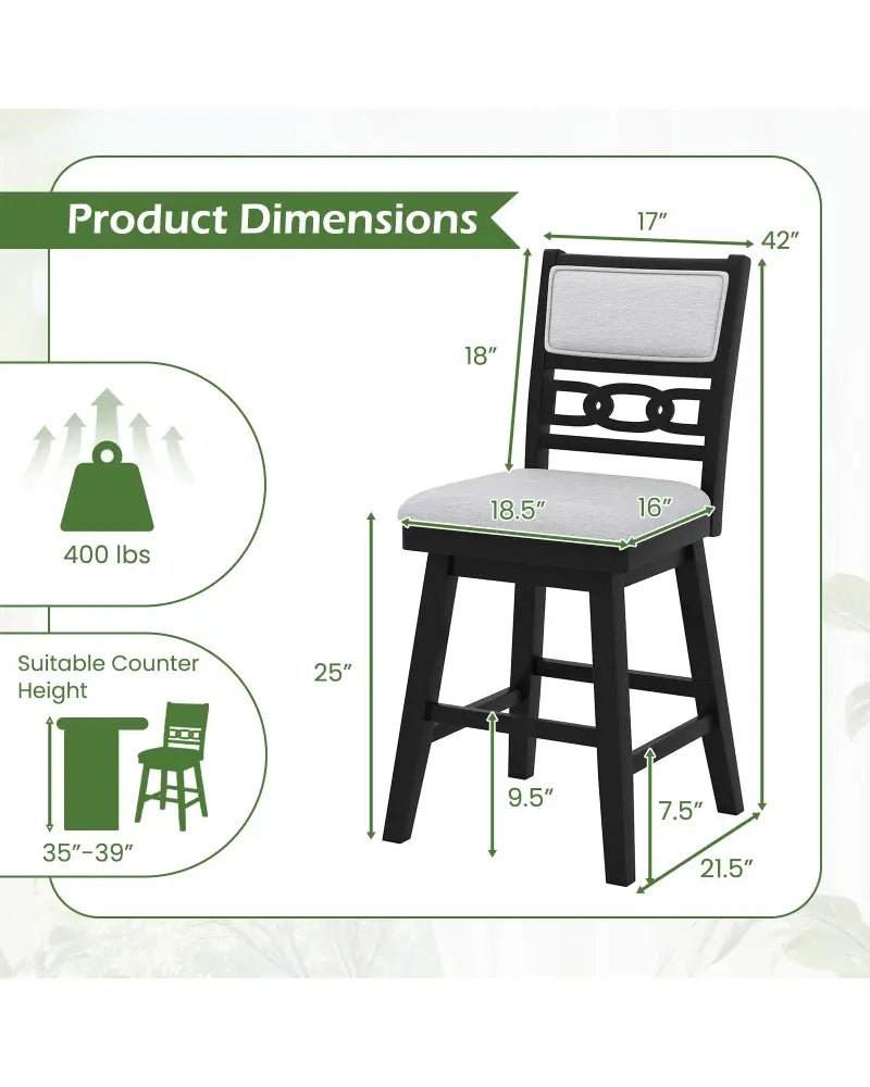 25 Inch Bar Stools Set of 2 with Upholstered Backrest and 360° Rotation Seat-Black - Black - Bar Stools