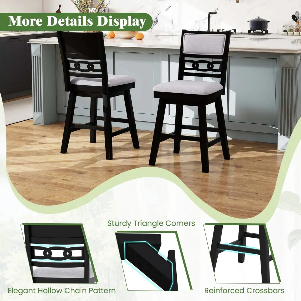 25 Inch Bar Stools Set of 2 with Upholstered Backrest and 360° Rotation Seat-Black - Black - Bar Stools
