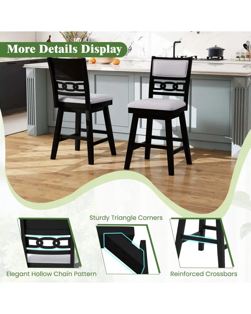 25 Inch Bar Stools Set of 2 with Upholstered Backrest and 360° Rotation Seat-Black - Black - Bar Stools