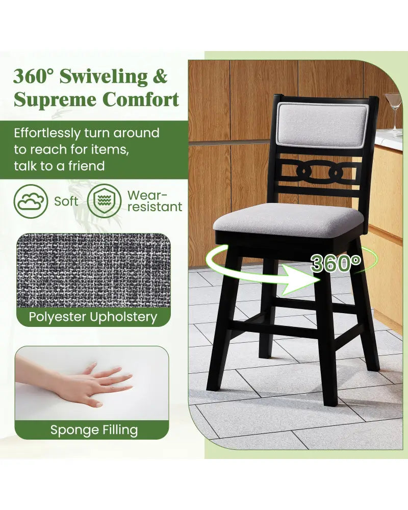 25 Inch Bar Stools Set of 2 with Upholstered Backrest and 360° Rotation Seat-Black - Black - Bar Stools