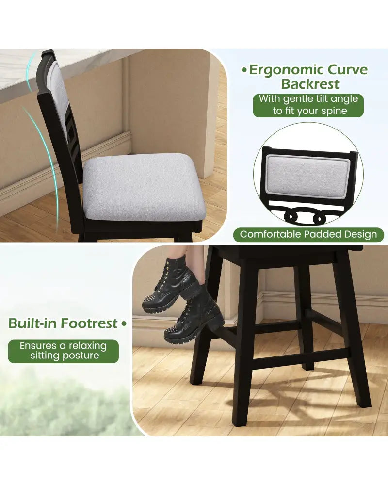 25 Inch Bar Stools Set of 2 with Upholstered Backrest and 360° Rotation Seat-Black - Black - Bar Stools