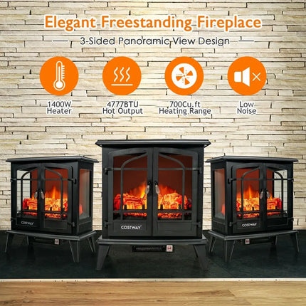 25 Inch Freestanding Electric Fireplace Heater with Realistic Flame effect - Black - Oasis Home Essentials