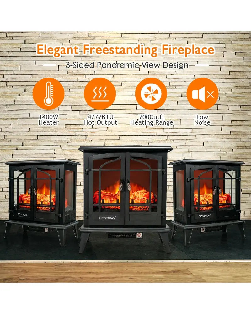 25 Inch Freestanding Electric Fireplace Heater with Realistic Flame effect-Black - Black - Fireplaces
