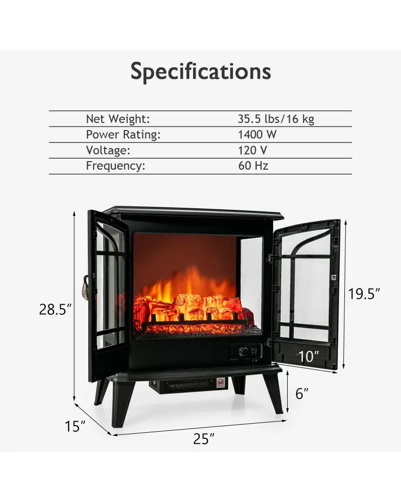 25 Inch Freestanding Electric Fireplace Heater with Realistic Flame effect-Black - Black - Fireplaces