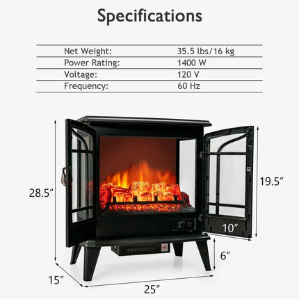 25 Inch Freestanding Electric Fireplace Heater with Realistic Flame effect - Black - Oasis Home Essentials