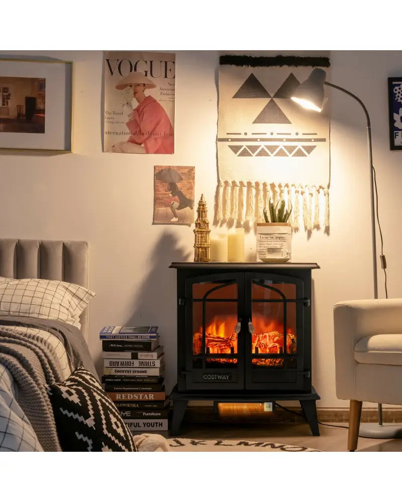 25 Inch Freestanding Electric Fireplace Heater with Realistic Flame effect-Black - Black - Fireplaces