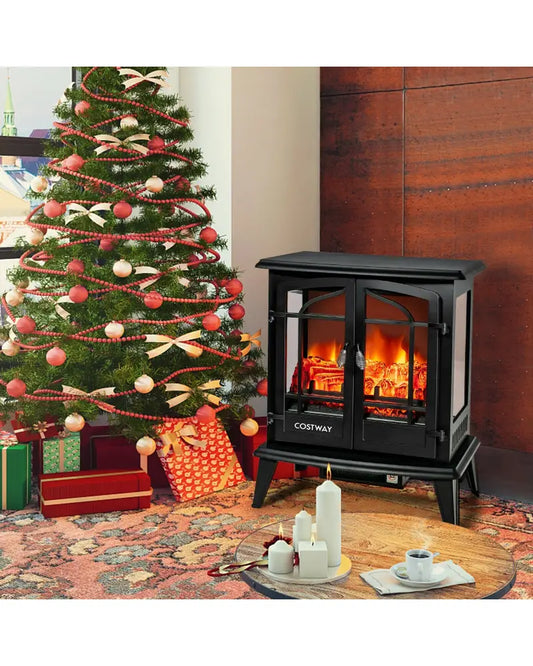 25 Inch Freestanding Electric Fireplace Heater with Realistic Flame effect-Black - Black - Fireplaces