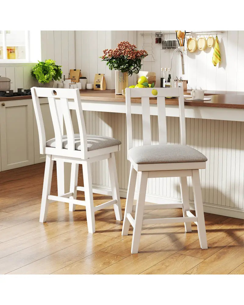 25 Inch Modern Bar Stools Set of 2 with Upholstered and 360° Rotation Seat-White - White - Bar Stools