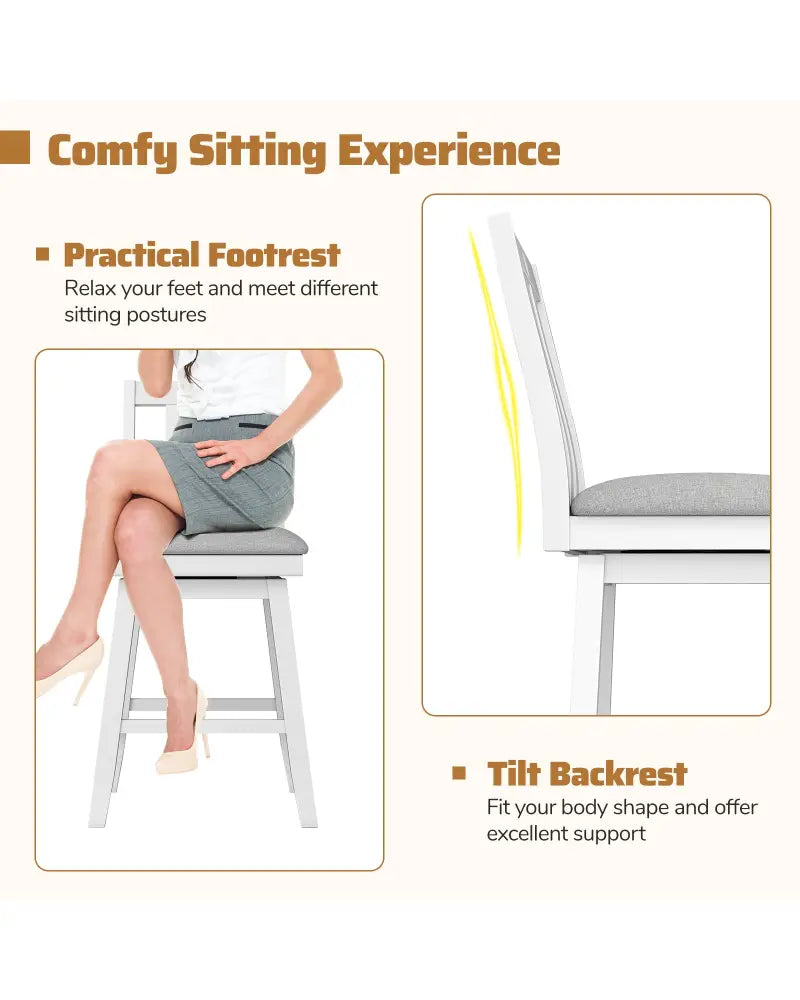 25 Inch Modern Bar Stools Set of 2 with Upholstered and 360° Rotation Seat-White - White - Bar Stools