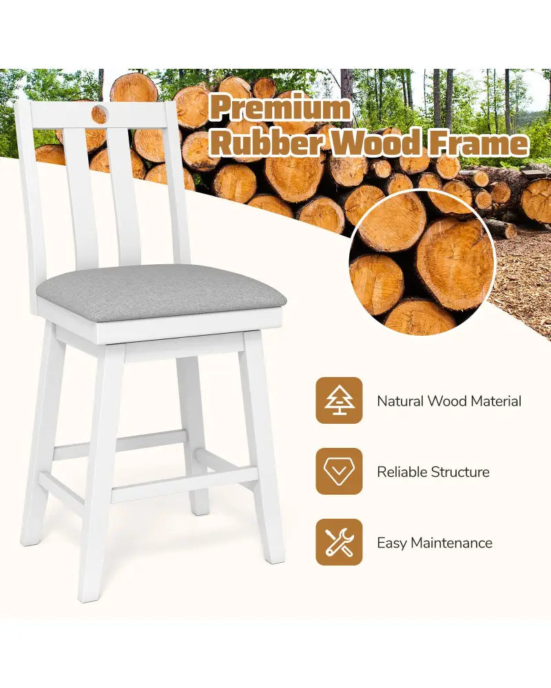 25 Inch Modern Bar Stools Set of 2 with Upholstered and 360° Rotation Seat-White - White - Bar Stools