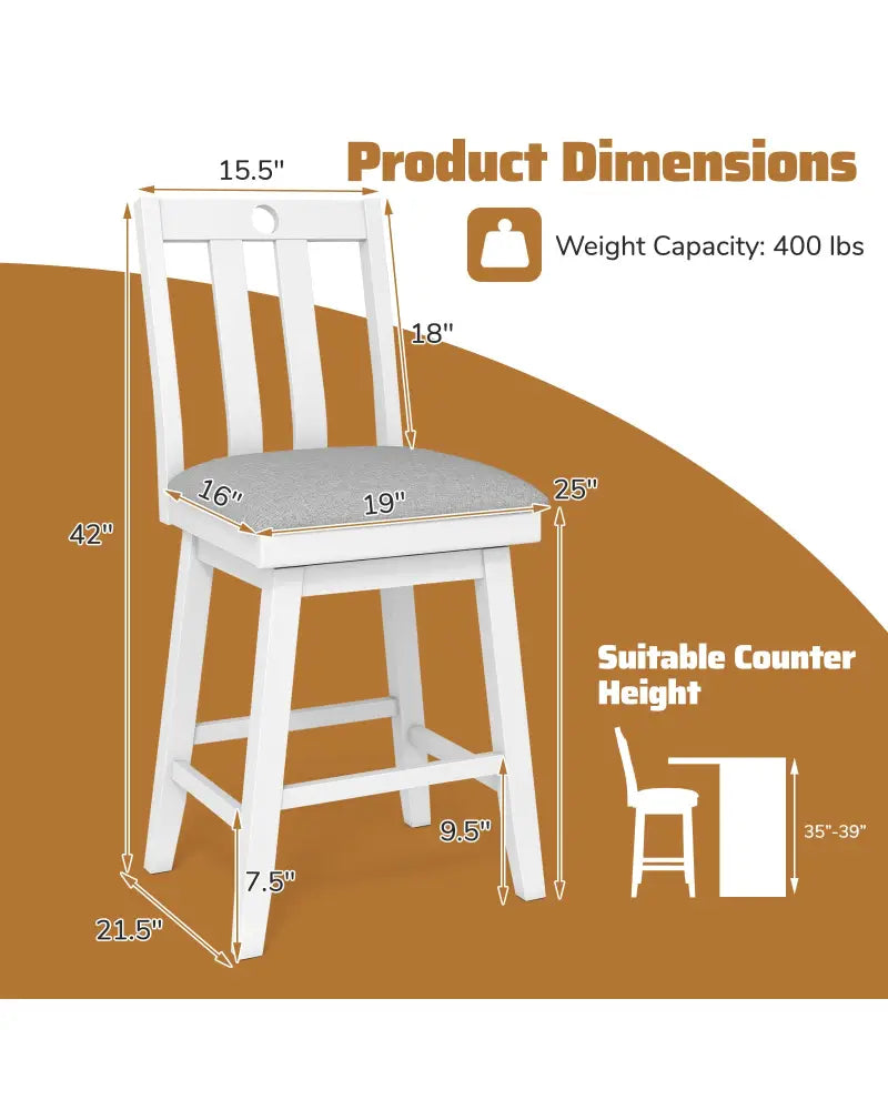 25 Inch Modern Bar Stools Set of 2 with Upholstered and 360° Rotation Seat-White - White - Bar Stools