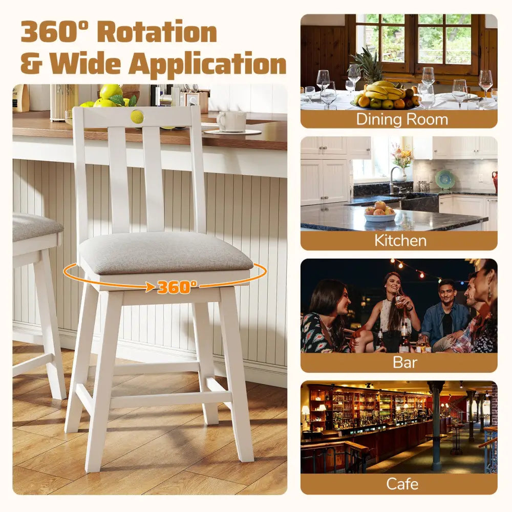 25 Inch Modern Bar Stools Set of 2 with Upholstered and 360° Rotation Seat-White - White - Bar Stools