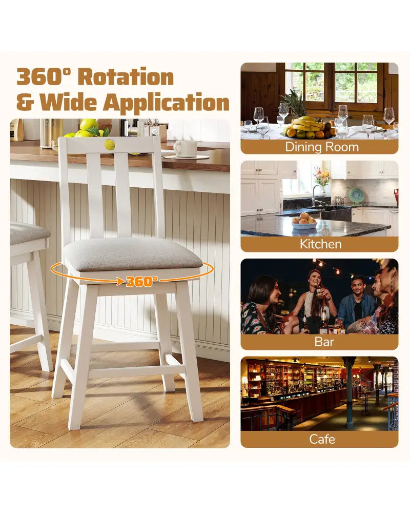 25 Inch Modern Bar Stools Set of 2 with Upholstered and 360° Rotation Seat-White - White - Bar Stools