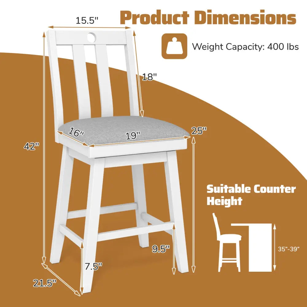 25 Inch Modern Bar Stools Set of 2 with Upholstered and 360Â° Rotation Seat-White Costway