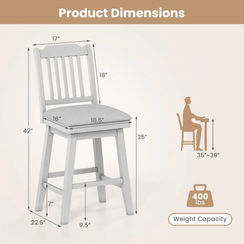 25 inch Modern Bar Stools Set of 2 with Upholstered Swivel Seat-Gray Costway