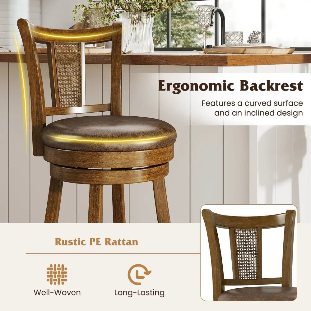 25 Inch Set of 2 Bar Stools with PE Rattan Backrest and Rubber Wood Frame-Brown Costway