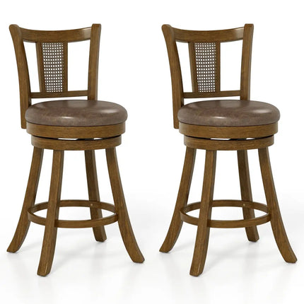 25 Inch Set of 2 Bar Stools with PE Rattan Backrest and Rubber Wood Frame-Brown Costway