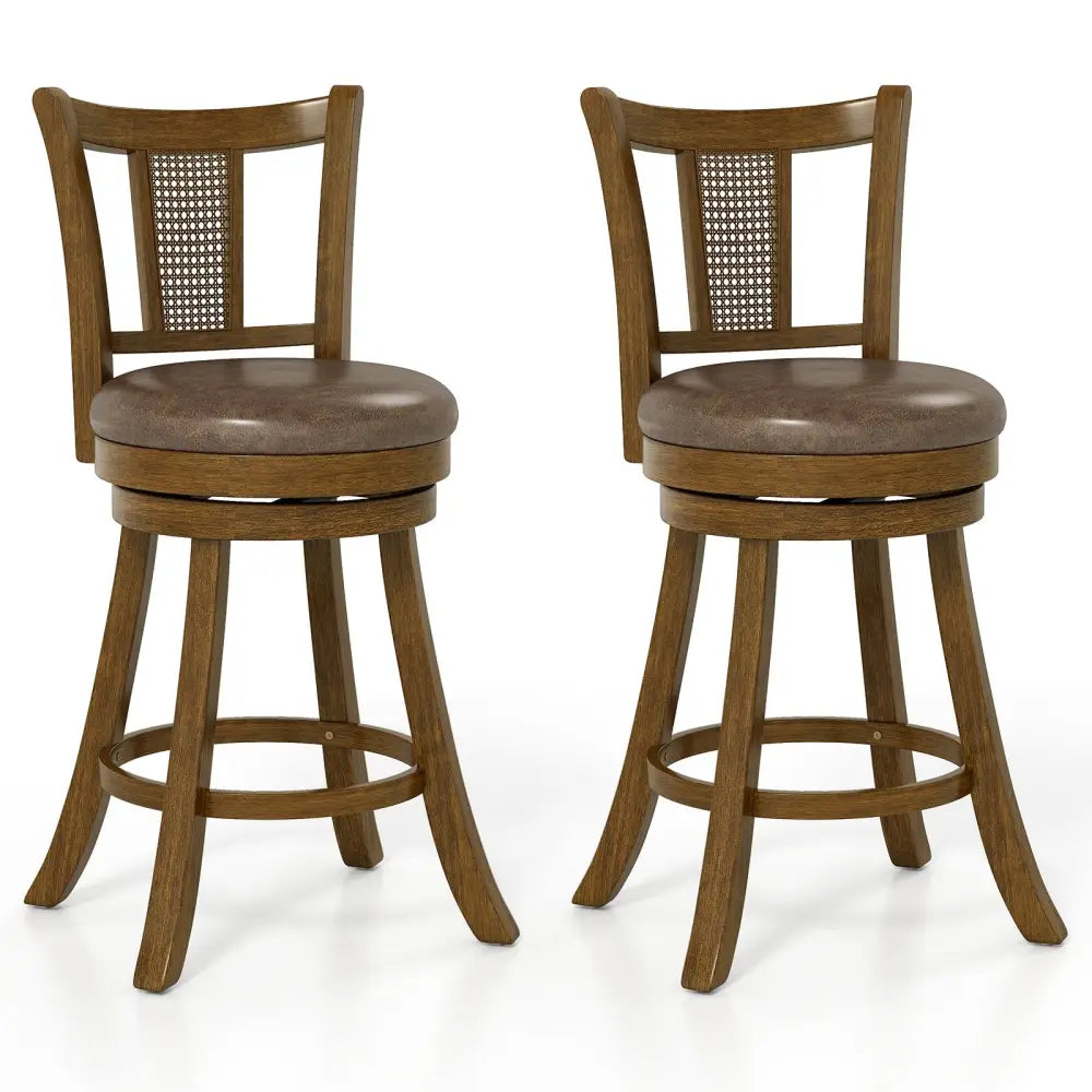 25 Inch Set of 2 Bar Stools with PE Rattan Backrest and Rubber Wood Frame-Brown Costway