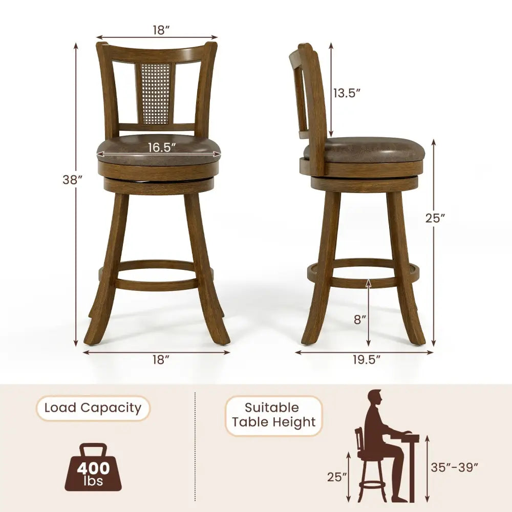 25 Inch Set of 2 Bar Stools with PE Rattan Backrest and Rubber Wood Frame-Brown Costway