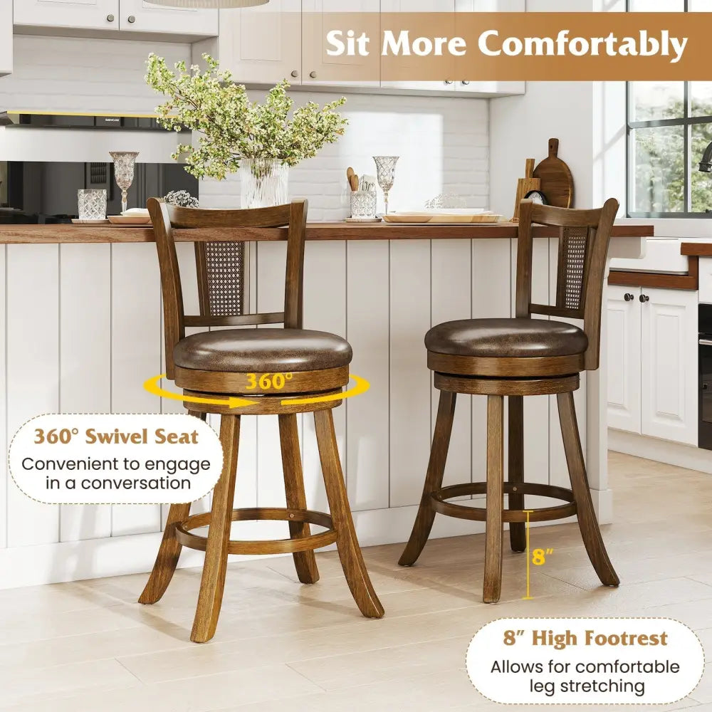 25 Inch Set of 2 Bar Stools with PE Rattan Backrest and Rubber Wood Frame-Brown Costway