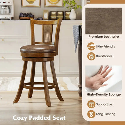25 Inch Set of 2 Bar Stools with PE Rattan Backrest and Rubber Wood Frame-Brown Costway