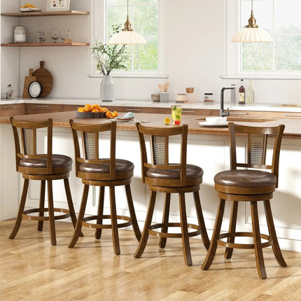 25 Inch Set of 2 Bar Stools with PE Rattan Backrest and Rubber Wood Frame-Brown Costway