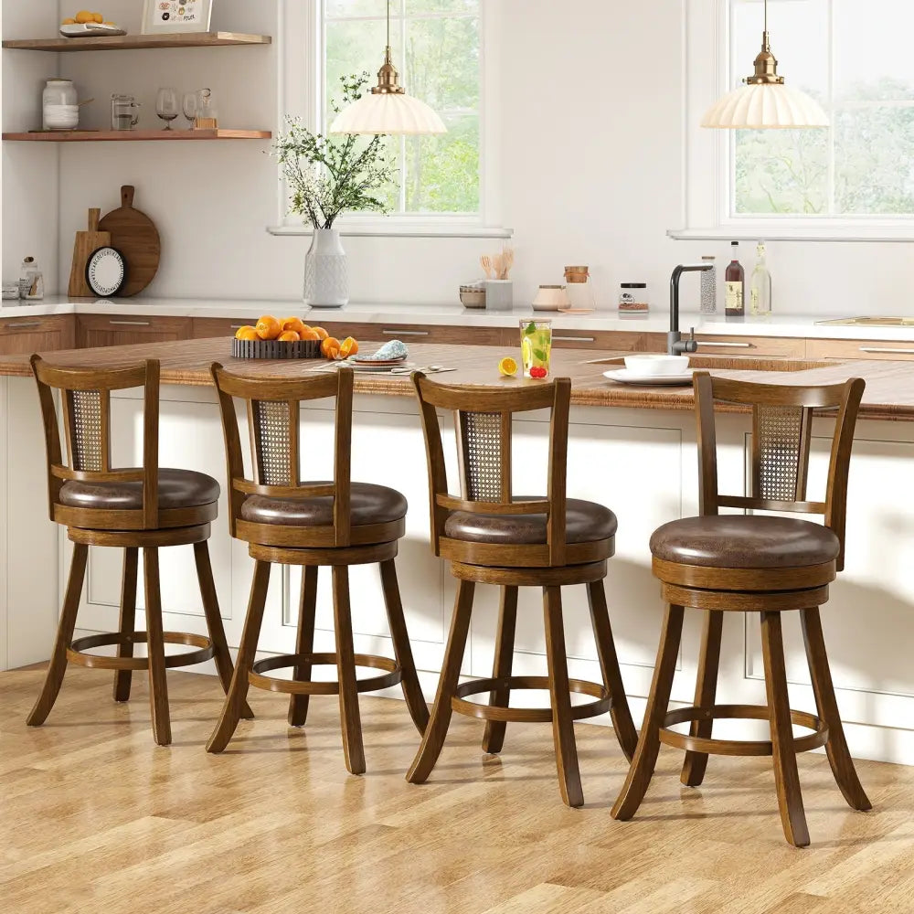 25 Inch Set of 2 Bar Stools with PE Rattan Backrest and Rubber Wood Frame-Brown Costway