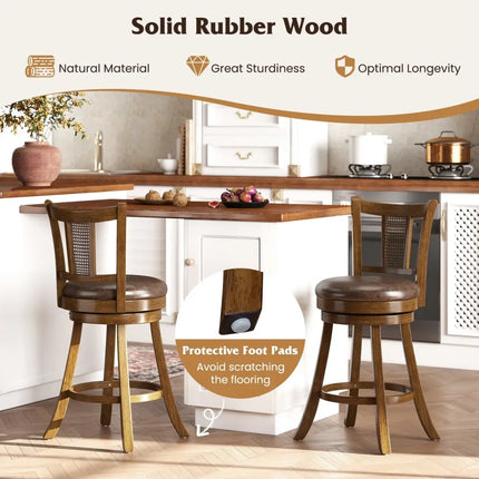 25 Inch Set of 2 Bar Stools with PE Rattan Backrest and Rubber Wood Frame-Brown Costway