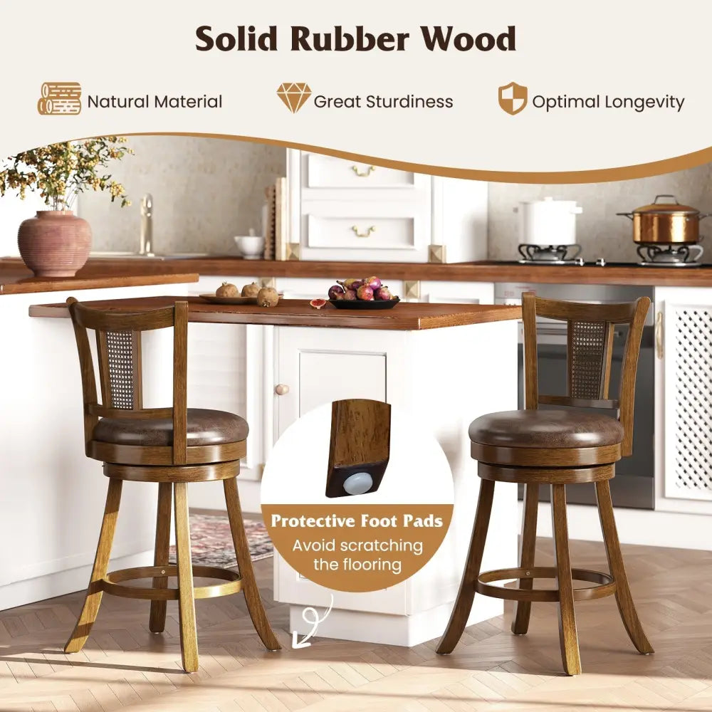 25 Inch Set of 2 Bar Stools with PE Rattan Backrest and Rubber Wood Frame-Brown Costway