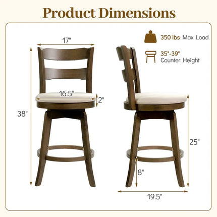 25 Inch Swivel Counter Barstools with Backrest & Upholstered Seat-Set of 2 Costway