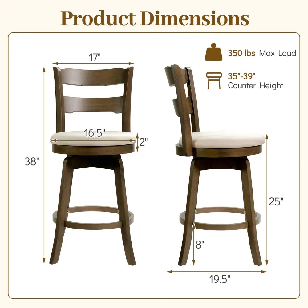25 Inch Swivel Counter Barstools with Backrest & Upholstered Seat-Set of 2 Costway