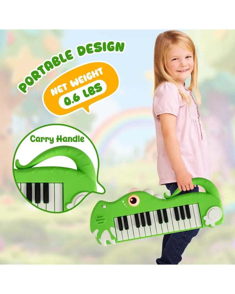 25-Key Kids Piano Keyboard Dinosaur Shape Toy Digital Piano with Built-in Music & Light-Green - Green - Pianos &