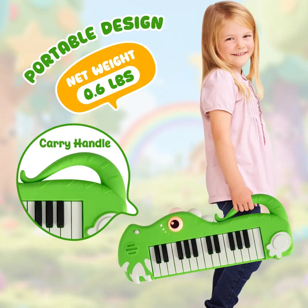 25-Key Kids Piano Keyboard Dinosaur Shape Toy Digital Piano with Built-in Music & Light-Green - Green - Pianos &