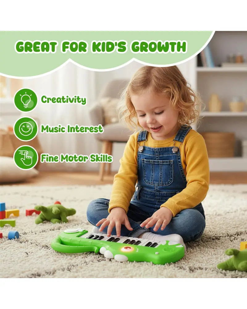 25-Key Kids Piano Keyboard Dinosaur Shape Toy Digital Piano with Built-in Music & Light-Green - Green - Pianos &