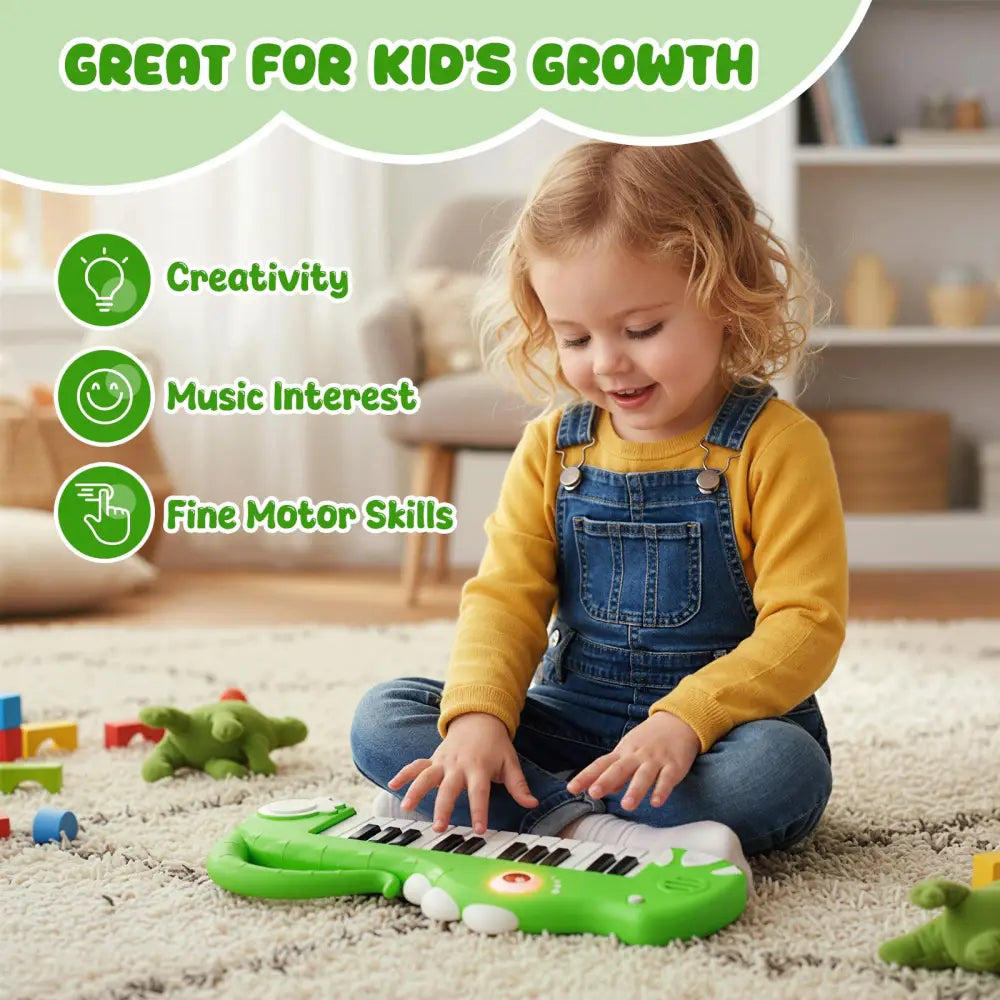 25-Key Kids Piano Keyboard Dinosaur Shape Toy Digital Piano with Built-in Music & Light-Green - Green - Pianos &