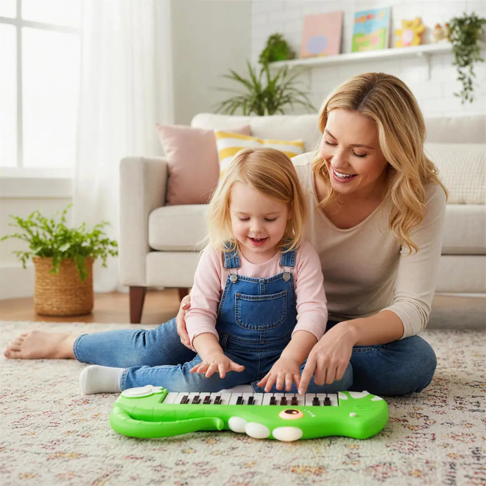 25-Key Kids Piano Keyboard Dinosaur Shape Toy Digital Piano with Built-in Music & Light-Green - Green - Pianos &
