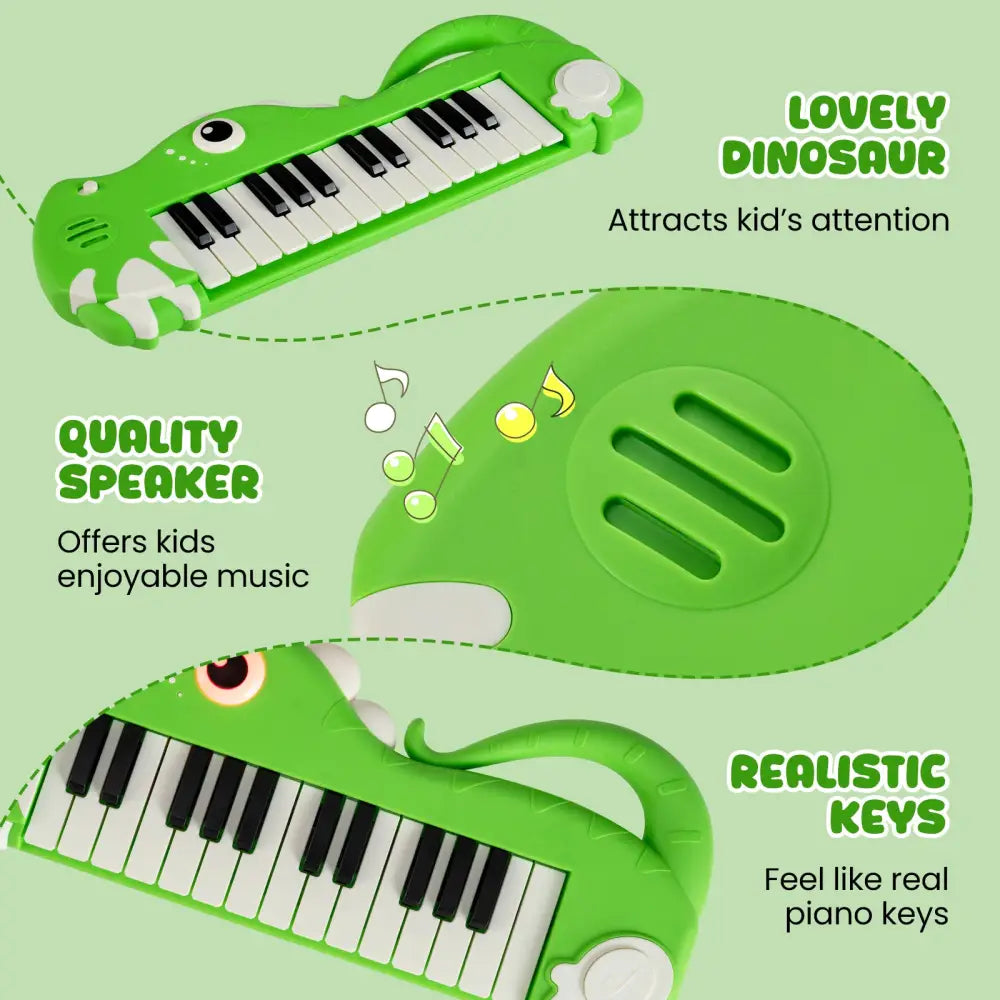25-Key Kids Piano Keyboard Dinosaur Shape Toy Digital Piano with Built-in Music & Light-Green - Green - Pianos &