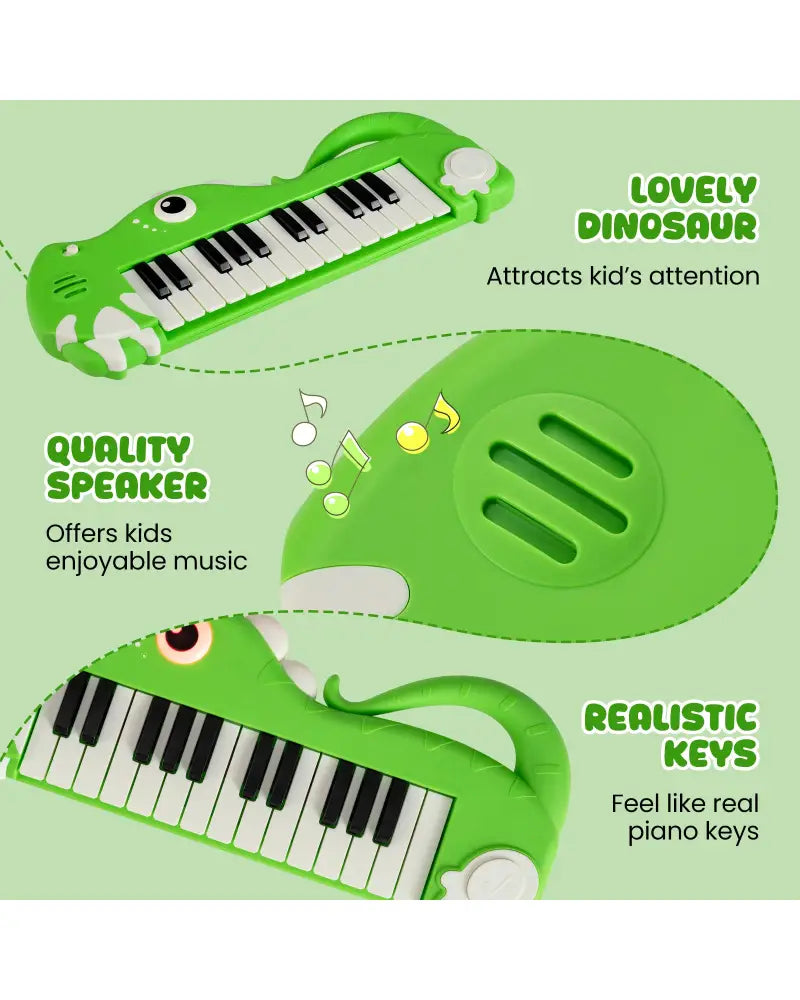 25-Key Kids Piano Keyboard Dinosaur Shape Toy Digital Piano with Built-in Music & Light-Green - Green - Pianos &