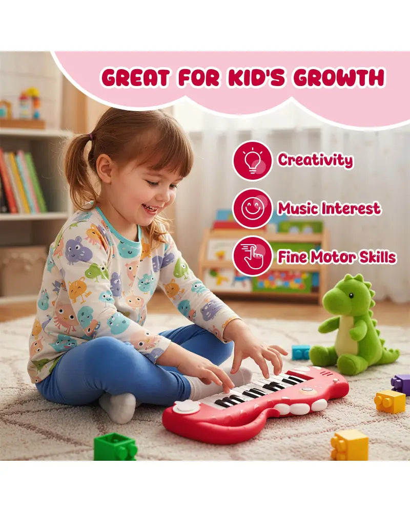 25-Key Kids Piano Keyboard Dinosaur Shape Toy Digital Piano with Built-in Music & Light-Red - Red - Pianos & Keyboards